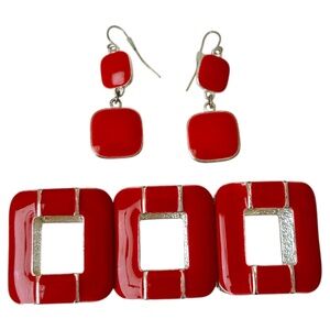 Red Enamel Square Metal Bracelet and Dangle Earrings Set Stretch Double Square
